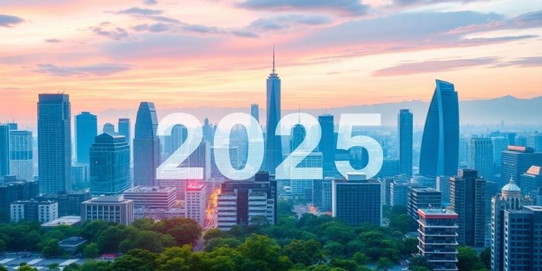 Futuristic city skyline with blockchain patterns overlay.