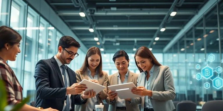 Professionals collaborating in a modern government office setting.
