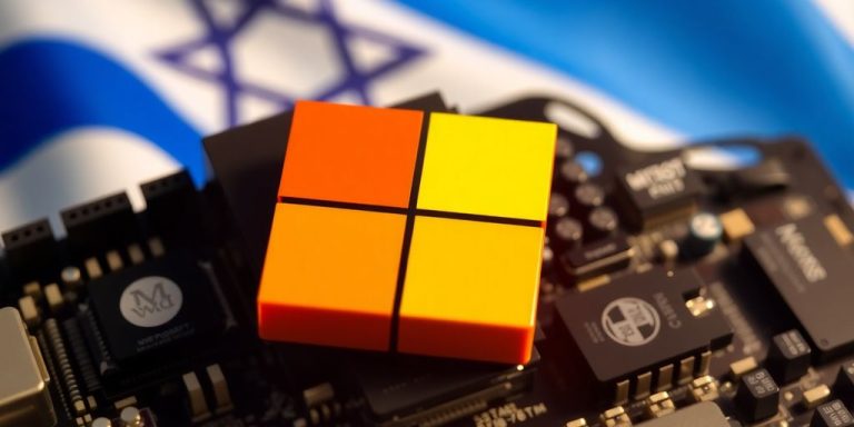 Microsoft tech and military symbols on Israeli flag backdrop.