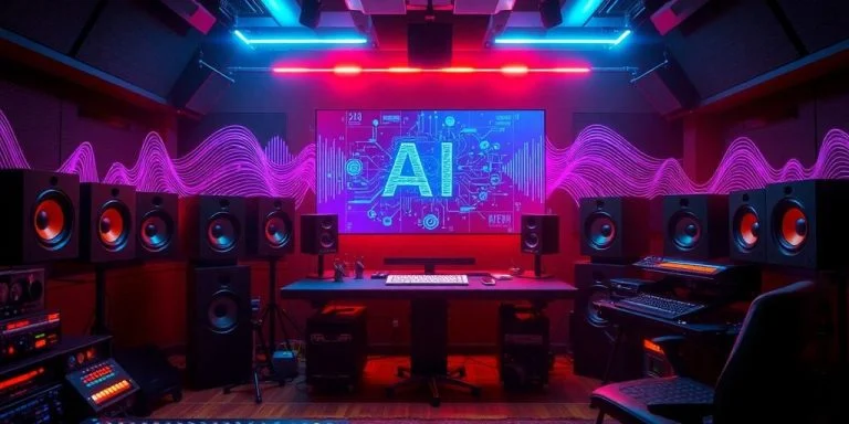 Futuristic audio studio with advanced technology and sound waves.