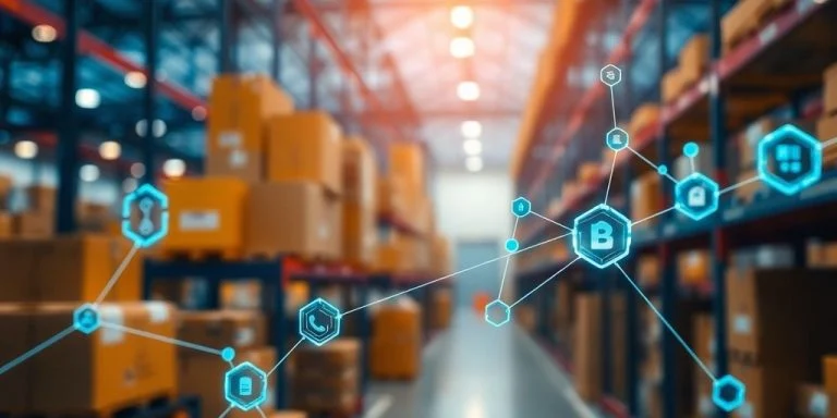 Blockchain nodes with logistics items in a warehouse setting.