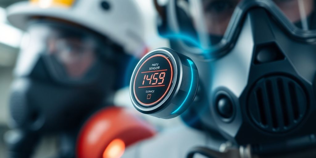 Modern hydrogen sensor device with safety equipment in background.