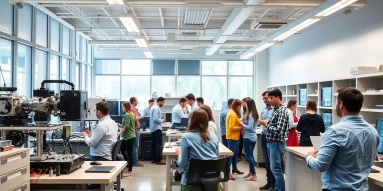 Scientists collaborating in a modern technology office setting.