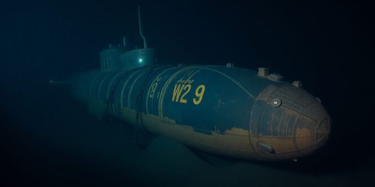 WWI submarine resting on the ocean floor, illuminated by lights.