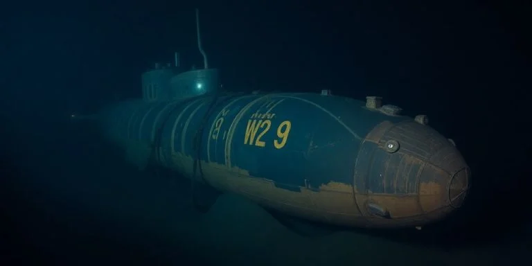 WWI submarine resting on the ocean floor, illuminated by lights.