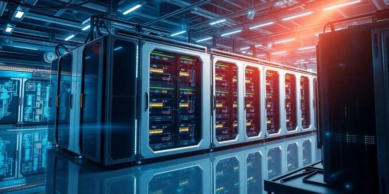Futuristic supercomputer with advanced technology and bright lights.