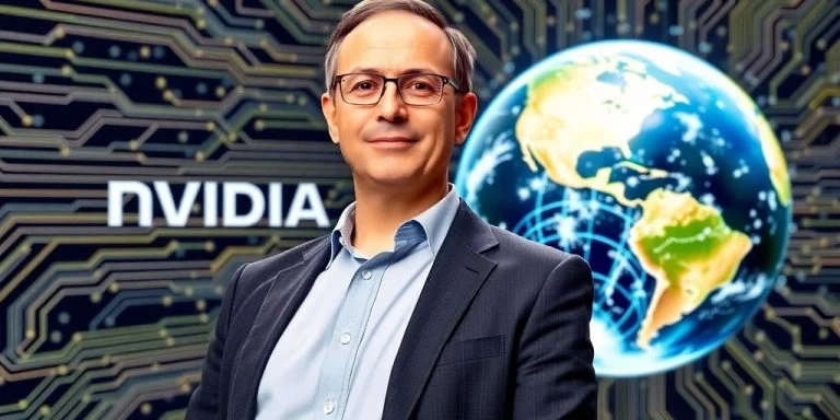 Nvidia CEO in front of digital circuits and globe.