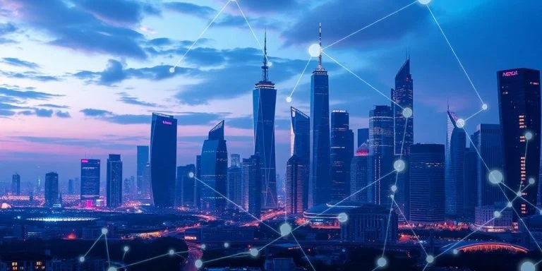 Futuristic city skyline with blockchain motifs overlaying the buildings.