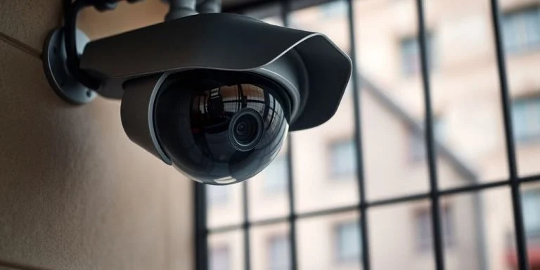 Facial recognition camera near prison bars in New Orleans.