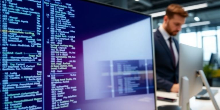 Auditor reviewing blockchain data on a computer screen.