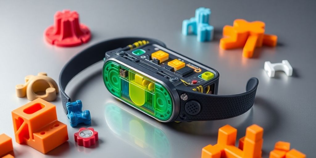 3D printed smart wearable device on a sleek surface.