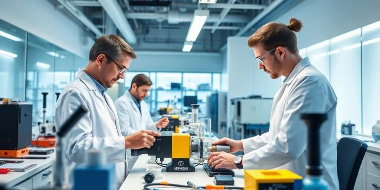 Scientists collaborating in a high-tech laboratory setting.