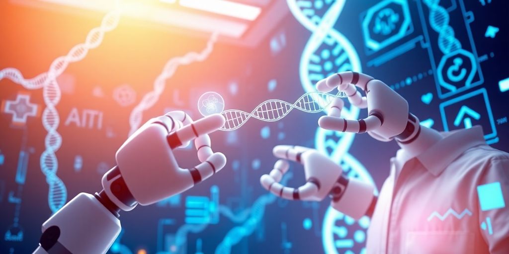 Robotic arms delivering gene therapy with DNA strands.