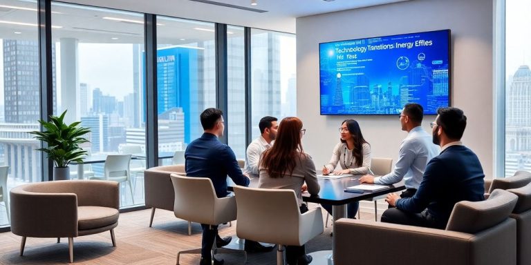 Modern conference room with professionals discussing technology advancements.