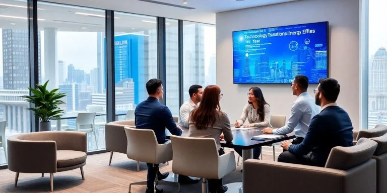 Modern conference room with professionals discussing technology advancements.