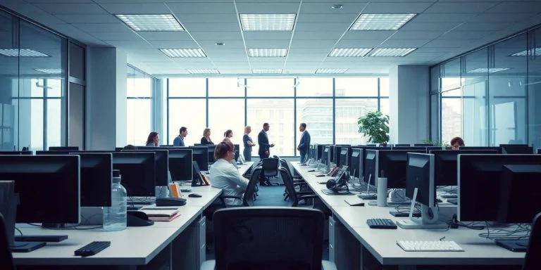 Empty desks in a technology office environment.