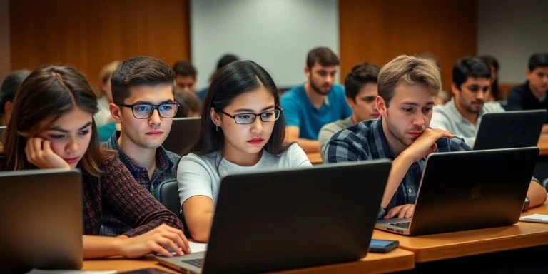 Students using laptops in a classroom, appearing frustrated.