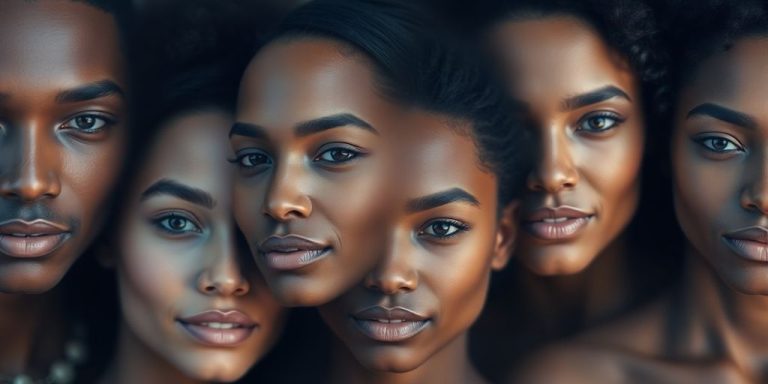 Faces blending seamlessly, vibrant colors.