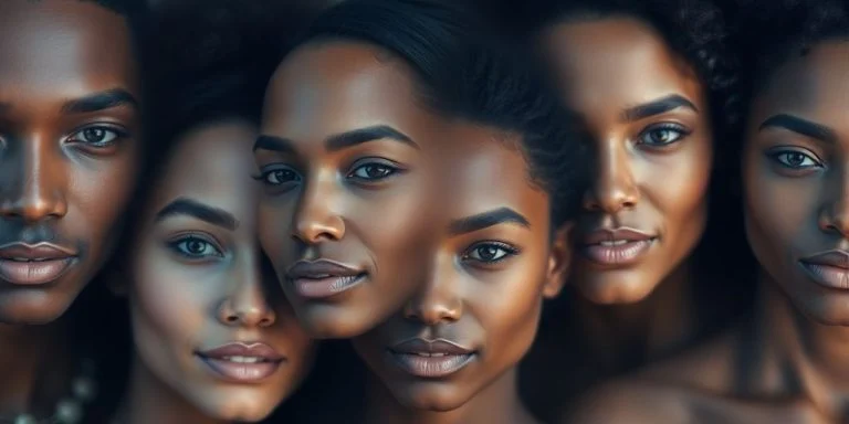 Faces blending seamlessly, vibrant colors.