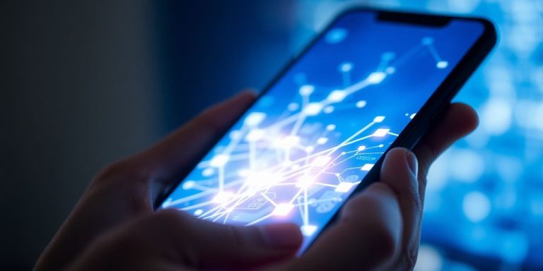 Hand holding phone with glowing blockchain