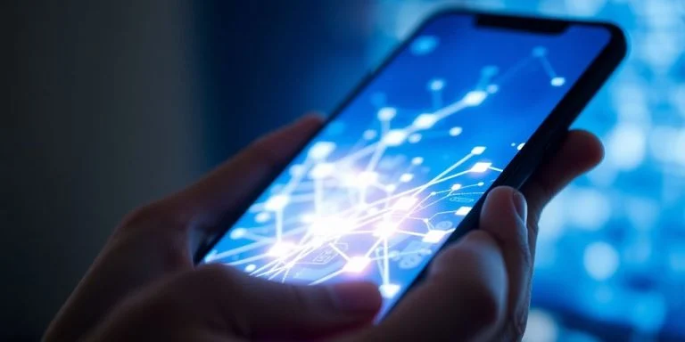 Hand holding phone with glowing blockchain