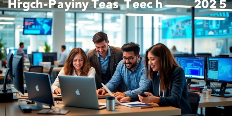 Diverse tech professionals collaborating in a modern workspace.