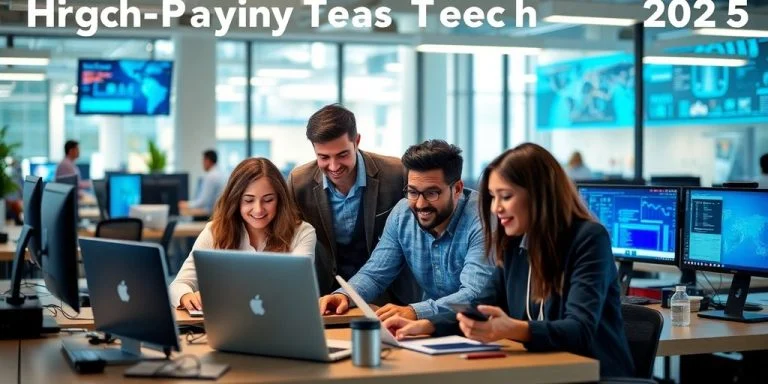 Diverse tech professionals collaborating in a modern workspace.