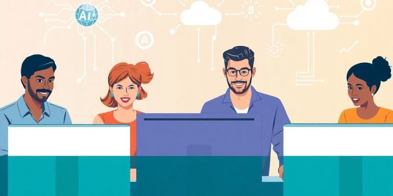 Diverse team collaborating on open-source AI technology project.