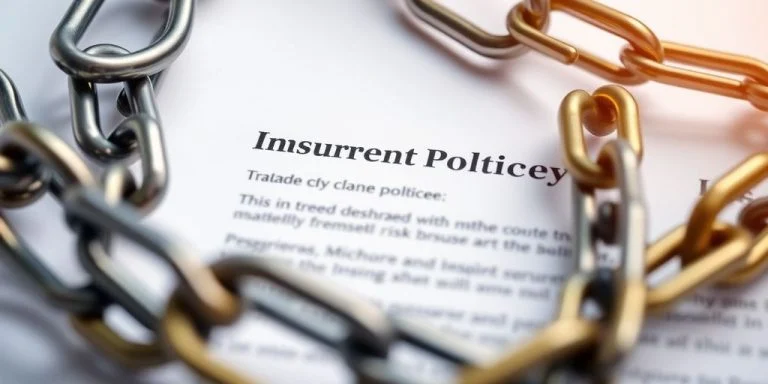 Blockchain chains with an insurance document in the background.