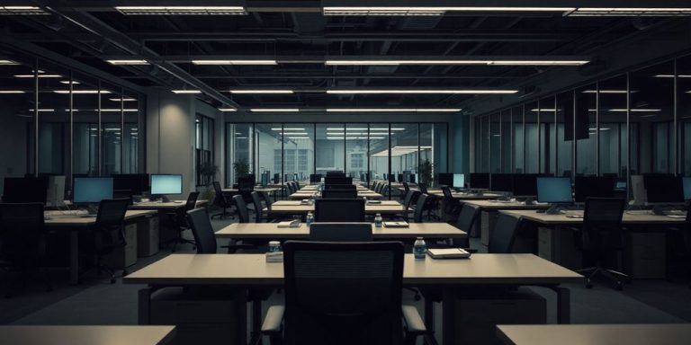 Empty office desks indicating layoffs at Walmart technology team.