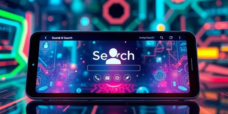 Futuristic search interface with digital assistant icon.