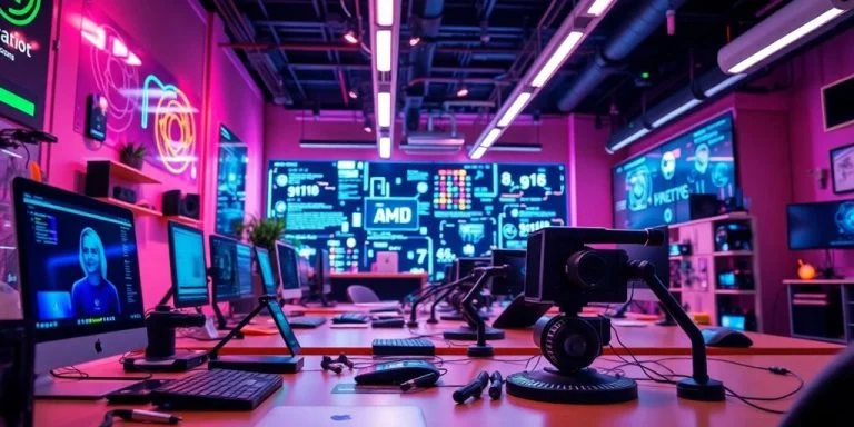 Futuristic workspace with advanced AI technology and tools.