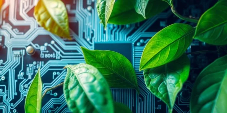 Circuit board and green leaves illustrating AI's environmental impact.