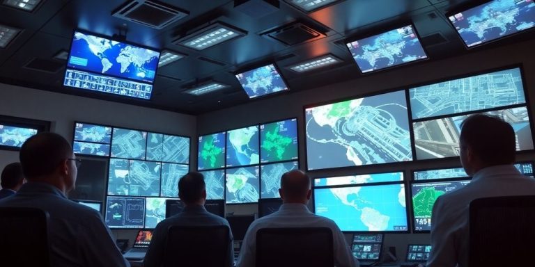 High-tech control room with advanced surveillance equipment.