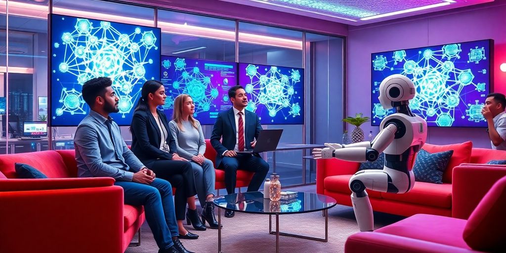 Diverse team discussing AI technology in a modern office.