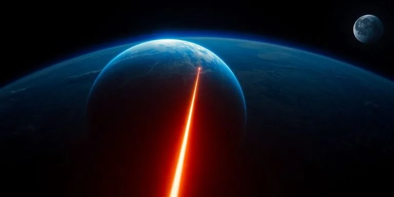 Earth and Moon with laser beam in space.