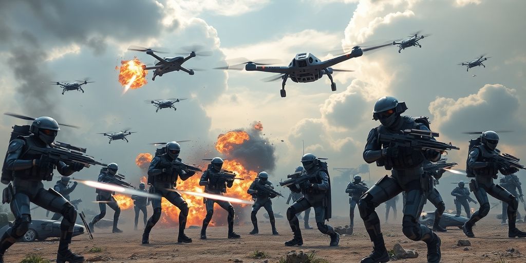 Futuristic battlefield with drones and robotic soldiers.