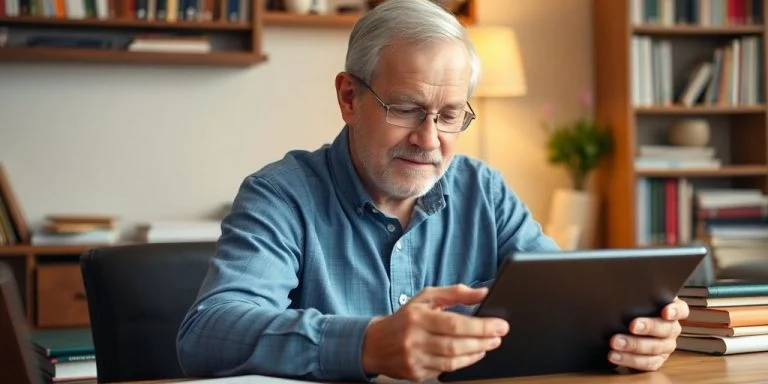 Senior man using a tablet in a cozy living room.