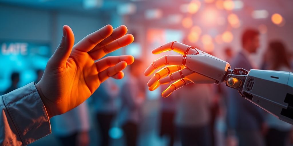 Human hand and robotic hand reaching towards each other.