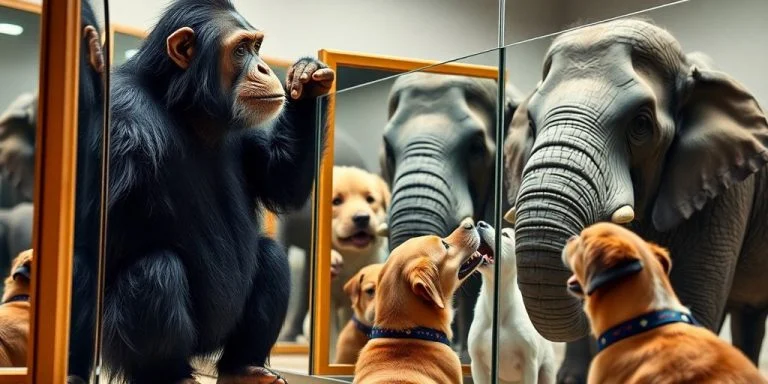 Animals interacting with mirrors in a natural setting.
