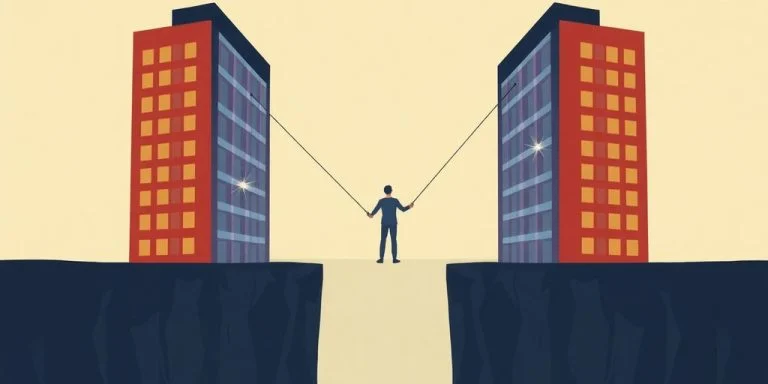 Two corporate giants, silhouette, tugging a person.