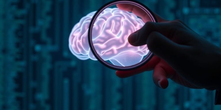 Human hand, AI brain, magnifying glass, authenticity.