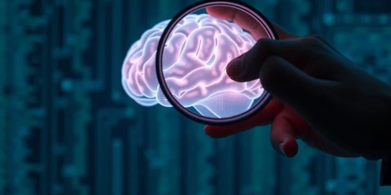 Human hand, AI brain, magnifying glass, authenticity.