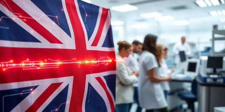 UK flag with futuristic sci-tech imagery.