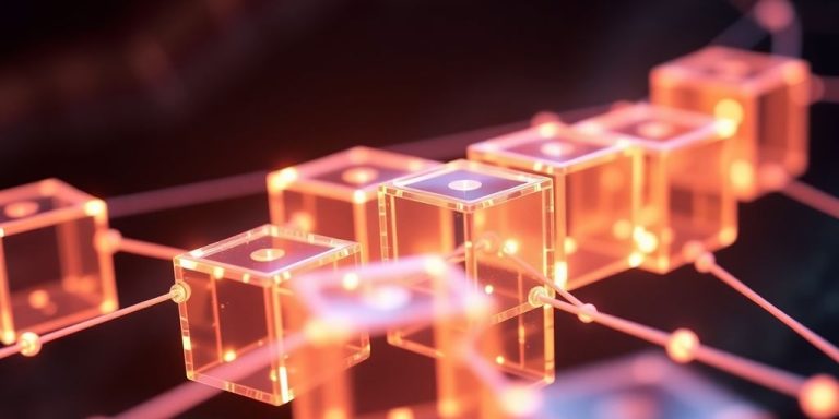 Interconnected glowing blocks forming a secure digital network.