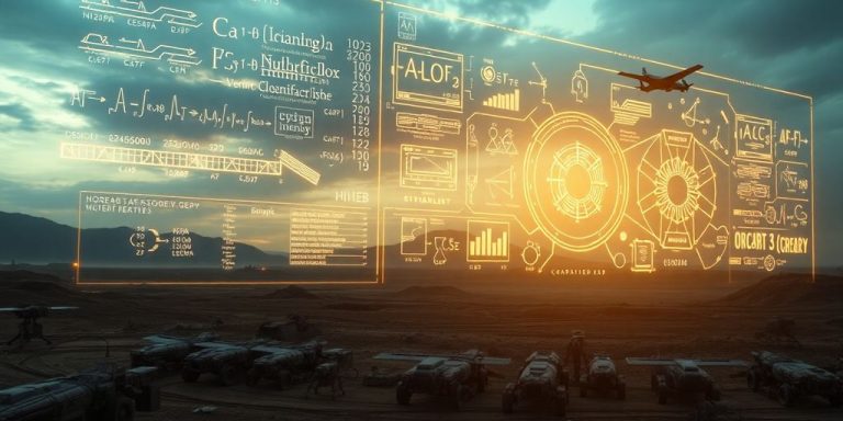 Futuristic battlefield with advanced military technology.