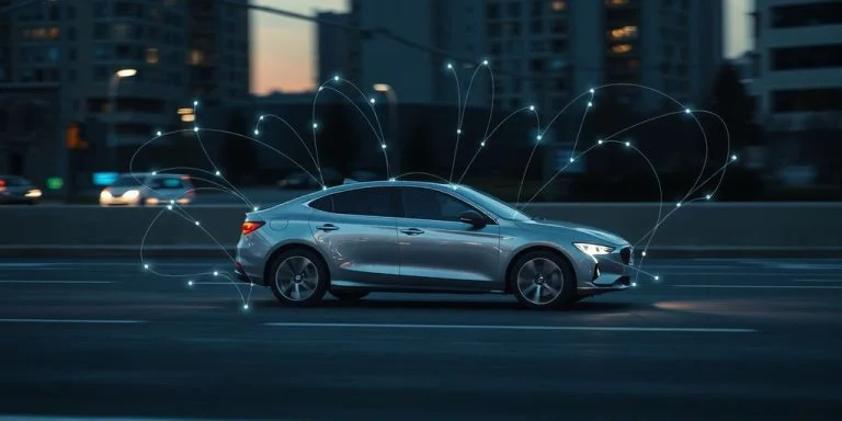 Car navigating city street with glowing neural network.