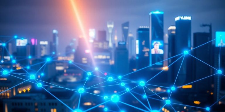 Glowing blockchain network over city skyline.