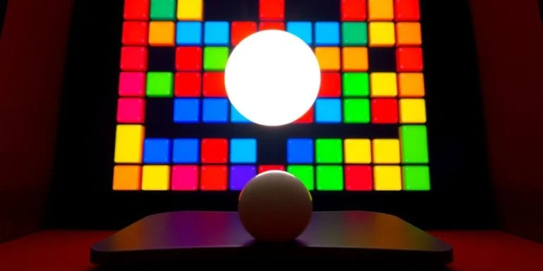 Retro arcade game, paddle, ball, colourful blocks.