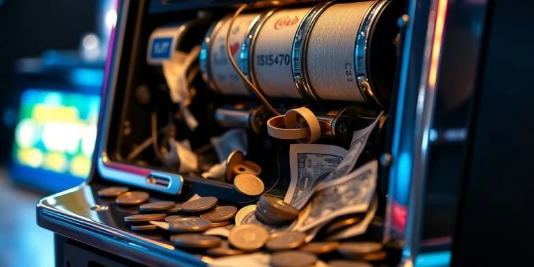 A broken slot machine, money spilling out.